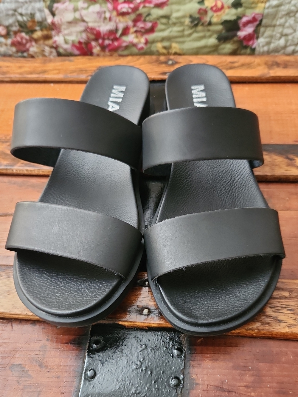 MIA Black Double-Strap Slide Sandals
